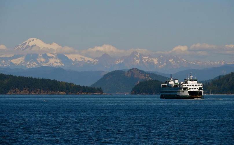 Washington State Ferry cruises through the San Juan Islands